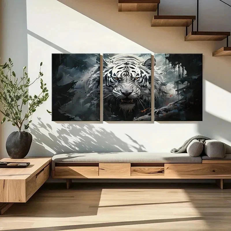 3pcs White Tiger Growling and Staring Wall Art Set Canvas Framed 40x60cm - High Quality Print 100% Australian Made Wall Canvas Ready to Hang