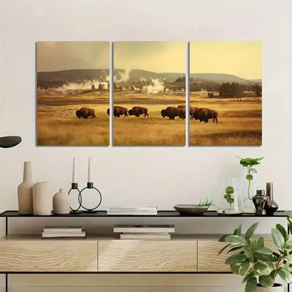 3pcs Vintage Bison Herd Grazing in Landscape Metal Print Ready to Hang Art
