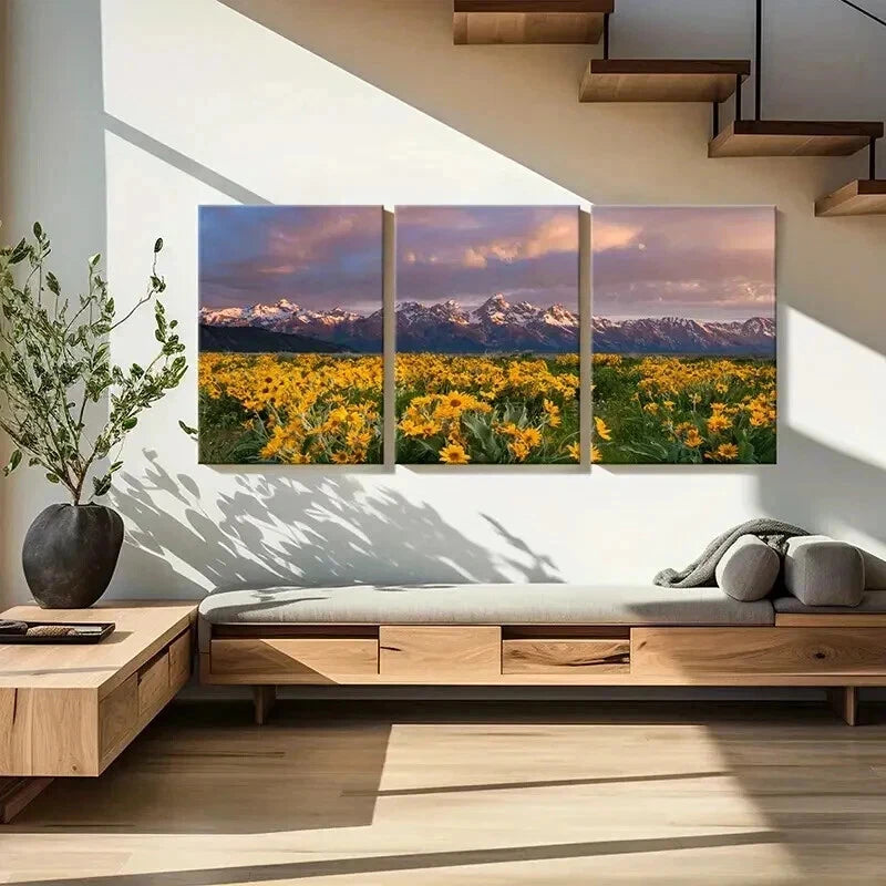 3pcs Flower Fields Mountains Sunset Modern Wall Art Set Canvas Framed 40x60cm - High Quality Print 100% Australian Made Wall Canvas Ready to Hang