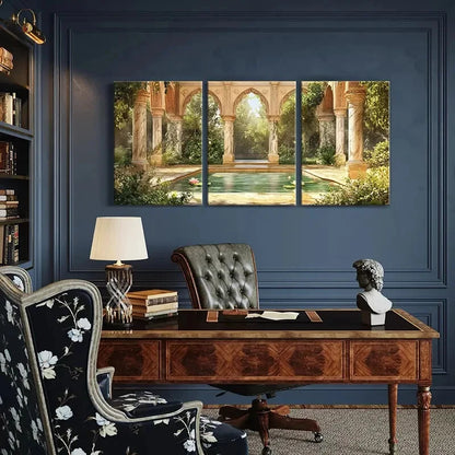 3pcs Retro Architecture Serene Garden Painting Metal Print Ready to Hang Art