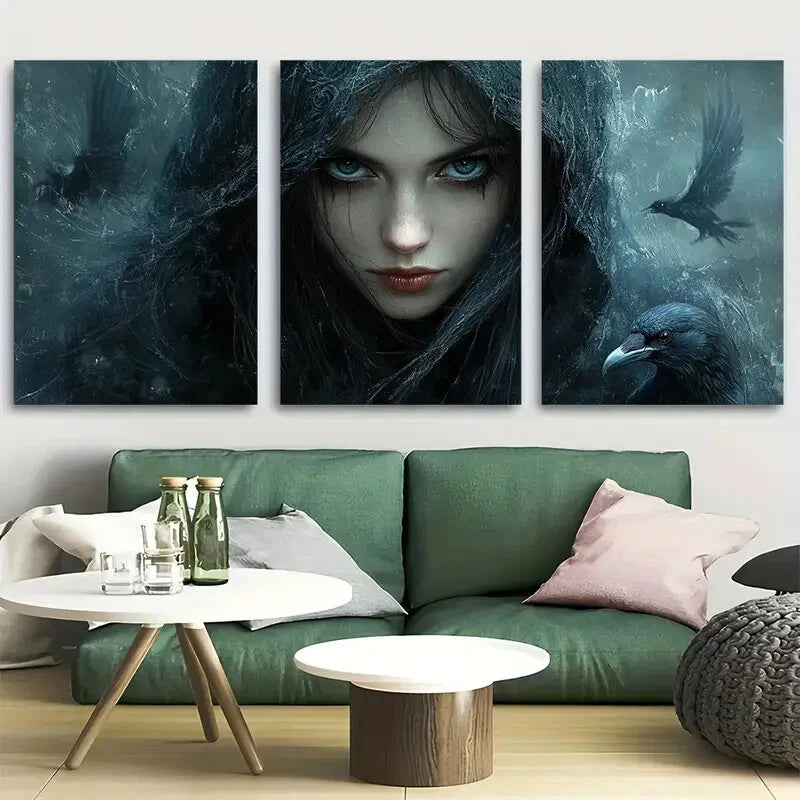 3pcs Mysterious Woman with Ravens Gothic Fantasy Metal Print Ready to Hang Art