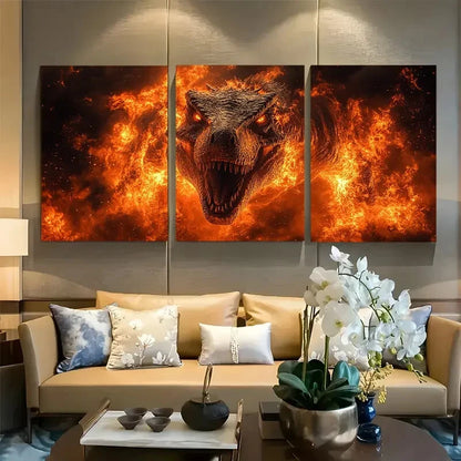 3pcs Tyrannosaurus Rex in Flames Metal Print Ready to Hang Art