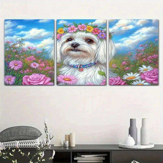 3pcs Whimsical Dog in Vibrant Floral Garden Metal Print Ready to Hang Art