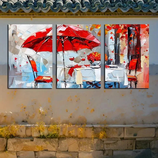 3pcs Vibrant Red Umbrella Illustration Metal Print Ready to Hang Art