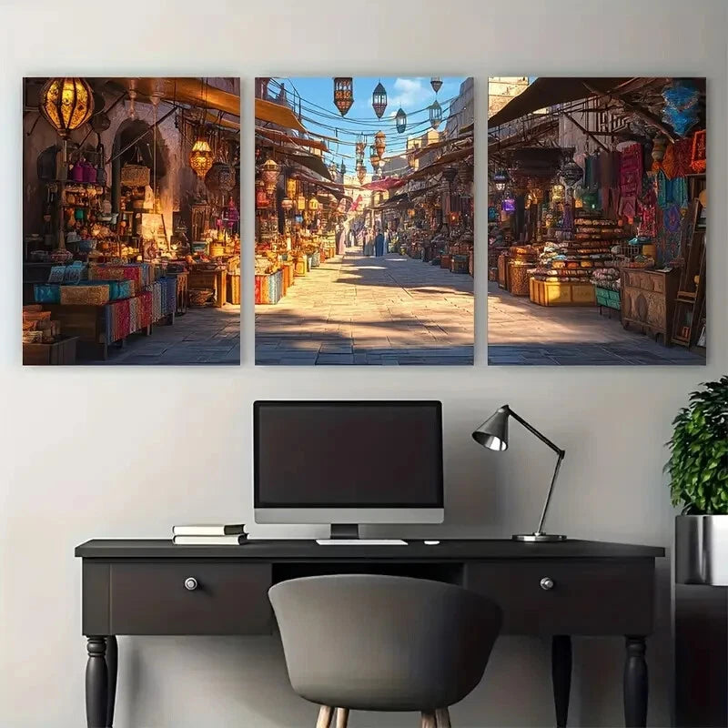 3pcs Rafah Marketplace Art Print Vibrant Stalls Metal Print Ready to Hang Art
