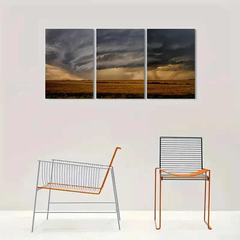 3pcs Stormy Sky Over Golden Fields Metal Print Ready to Hang Art