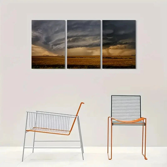 3pcs Stormy Sky Over Golden Fields Metal Print Ready to Hang Art