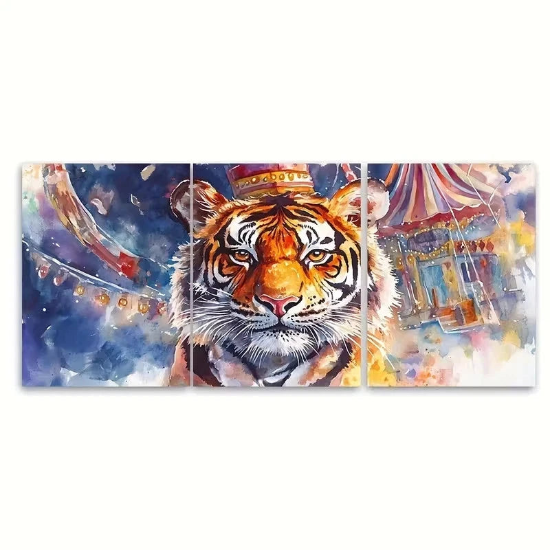 3pcs Tiger Mascot at Carnival, Watercolor Wall Art Set Canvas Framed 50x70cm - High Quality Print 100% Australian Made Wall Canvas Ready to Hang