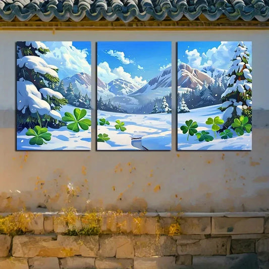 3pcs Vibrant Charming Clover Winter Scene Metal Print Ready to Hang Art