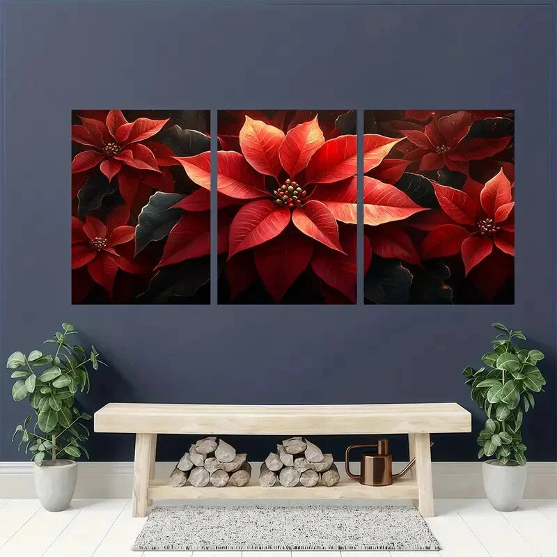 3pcs Red & Green Vibrant Poinsettia Metal Print Ready to Hang Art