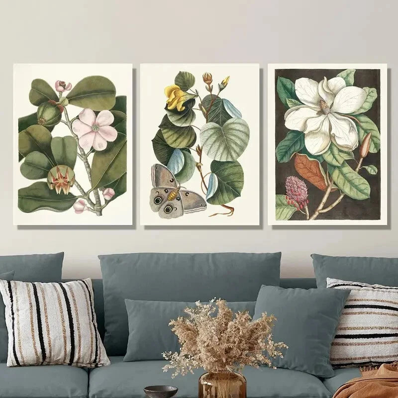 3pcs Vintage botanical magnolia flowers, Metal Print Ready to Hang Art
