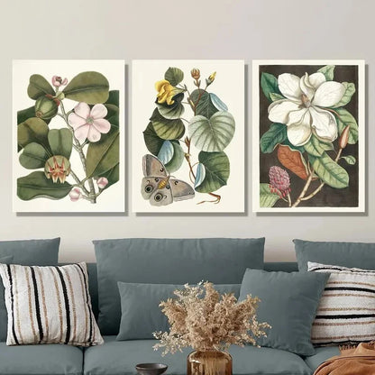 3pcs Vintage botanical magnolia flowers, Metal Print Ready to Hang Art