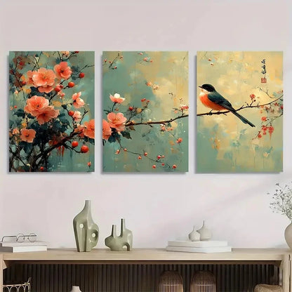 3pcs Traditional Chinese Style Green Flowers Metal Print Ready to Hang Art