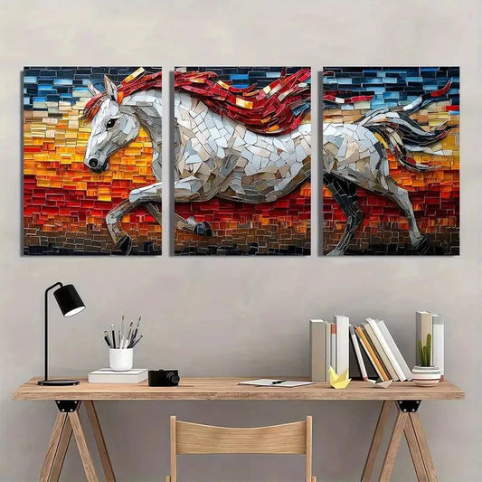3pcs Mosaic Horse Vibrant Blue Red & Golden Wall Art Set Canvas Framed 60x90cm - High Quality Print 100% Australian Made Wall Canvas Ready to Hang