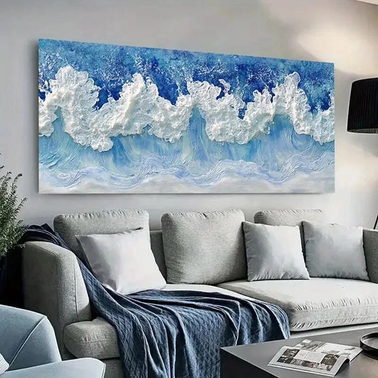 Blue & White Ocean Waves wall canvas office home room framed 120x60cm - Bella Home Decor