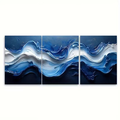 3pcs Wavy Blue and White Abstract Metal Print Ready to Hang Art