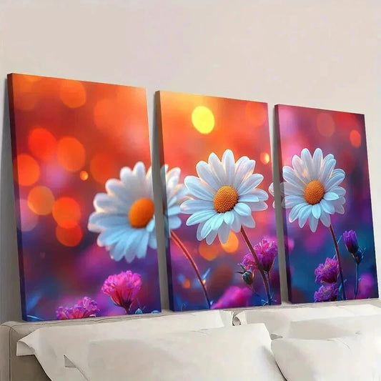 3pcs Featuring Floral Crisp White Daisies Wall Art Set Canvas Framed 40x60cm - High Quality Print 100% Australian Made Wall Canvas Ready to Hang