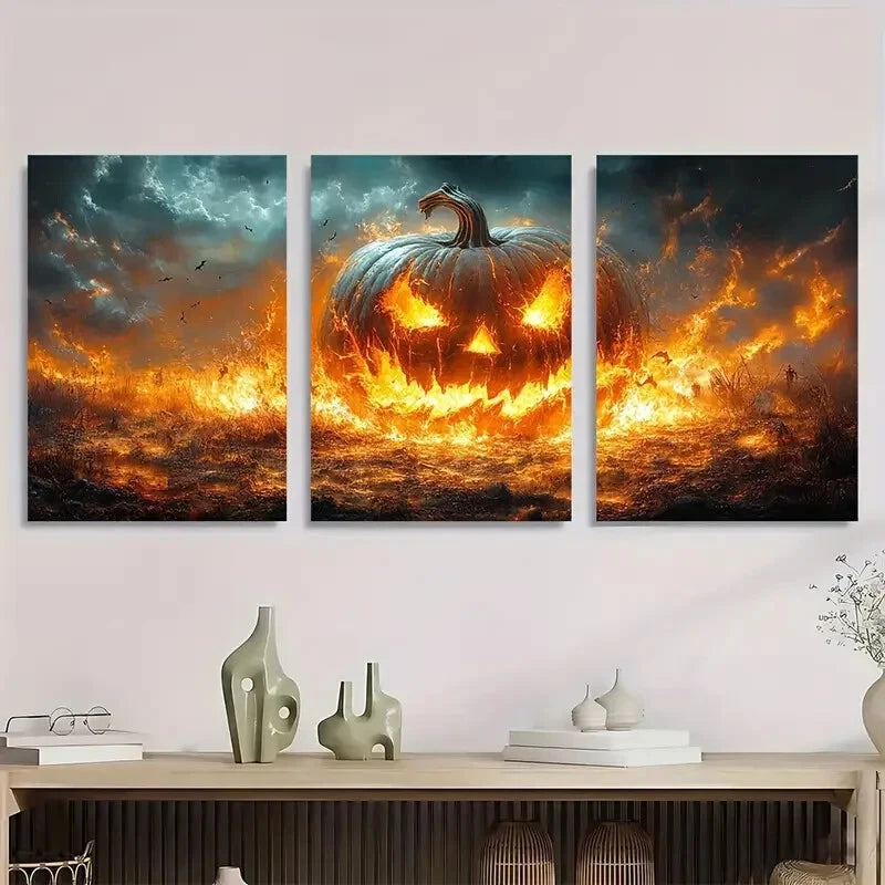 3pcs Gothic Charm, Headless Horseman Pumpkin Metal Print Ready to Hang Art