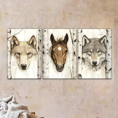 3pcs three wolves in birch trees Wall Art Set Canvas Unframed - High Quality Print 100% Australian Made Wall Canvas