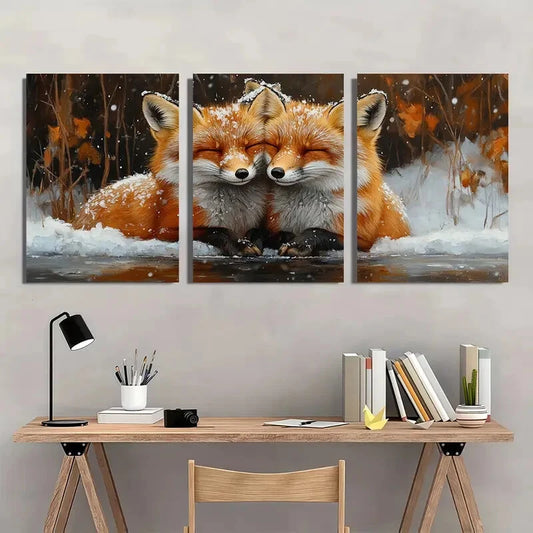 3pcs Winter Snowy Couple Foxes Metal Print Ready to Hang Art