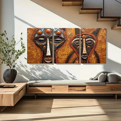 3pcs Abstract Tribal Faces Mosaic Ethnic Art Metal Print Ready to Hang Art