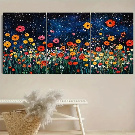 3pcs Starry Wildflower Luxury of a Blooming Garden Metal Print Ready to Hang Art