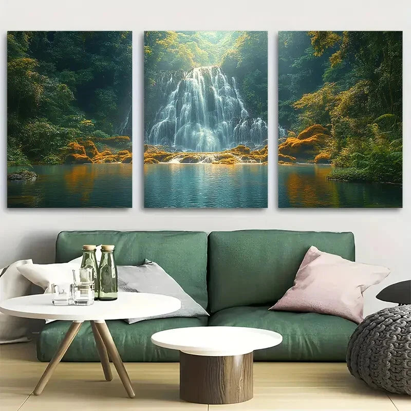 3pcs Dense Rainforest Soothing Waterfall Metal Print Ready to Hang Art