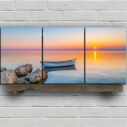 3pcs Sunset Over the Sea Stones Metal Print Ready to Hang Art