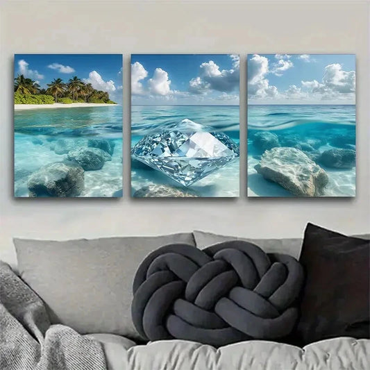 3pcs Underwater Diamond with Tropical Perfect Wall Art Set Canvas Framed 40x60cm - High Quality Print 100% Australian Made Wall Canvas Ready to Hang