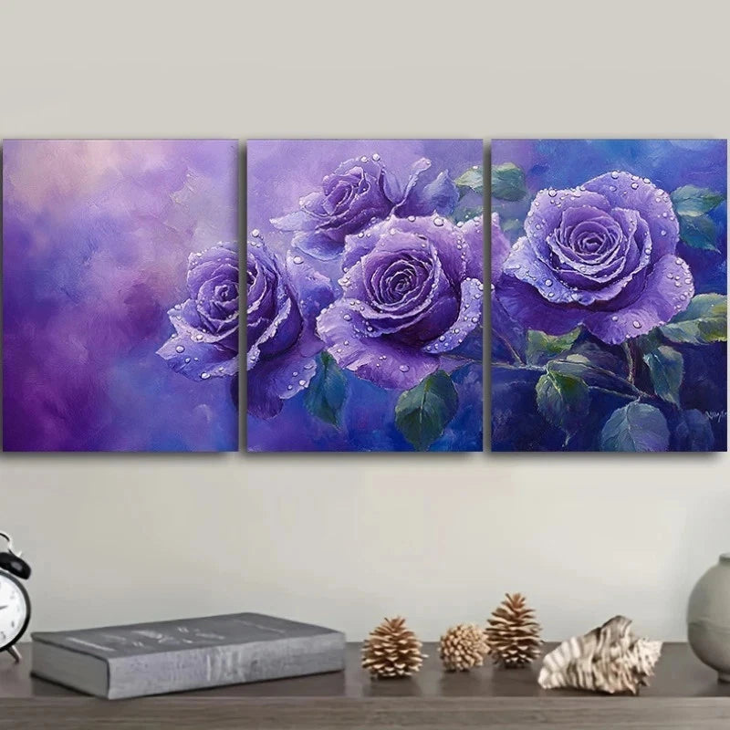3pcs Purple Rose Night Green Leaves Metal Print Ready to Hang Art