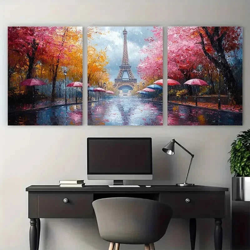 3pcs Parisian Eiffel Tower Scene Rainy Day Street Metal Print Ready to Hang Art