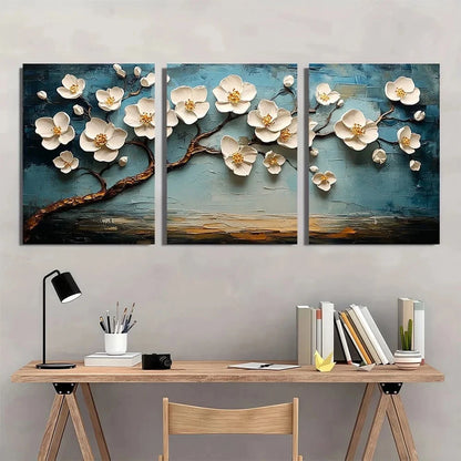 3pcs White Blossom Tree Painting Textured Metal Print Ready to Hang Art