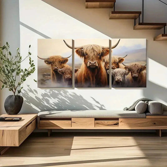3pcs Posters of Majestic Highland Cattle with Horn Metal Print Ready to Hang Art