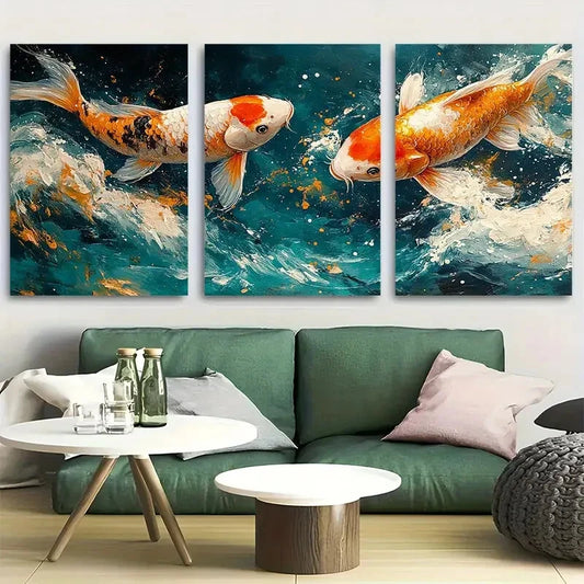 3pcs Serene Koi Fishes Harmony Pond Life Metal Print Ready to Hang Art