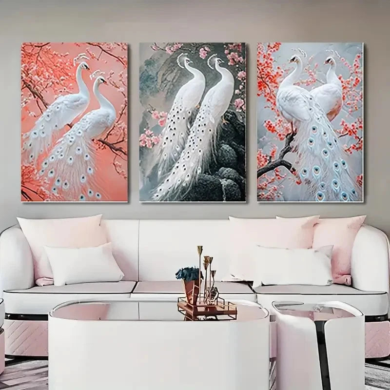 3pcs Elegant White Peacocks and Peach  Wall Art Canvas Framed 40x60cm - High Quality Print 100% Australian Made Wall Canvas Ready to Hang