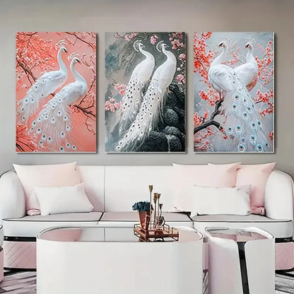 3pcs Elegant White Peacocks and Peach  Wall Art Canvas Framed 40x60cm - High Quality Print 100% Australian Made Wall Canvas Ready to Hang