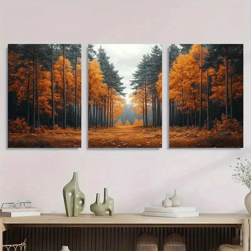 3pcs Serene Pine Tree Forest Autumn Metal Print Ready to Hang Art