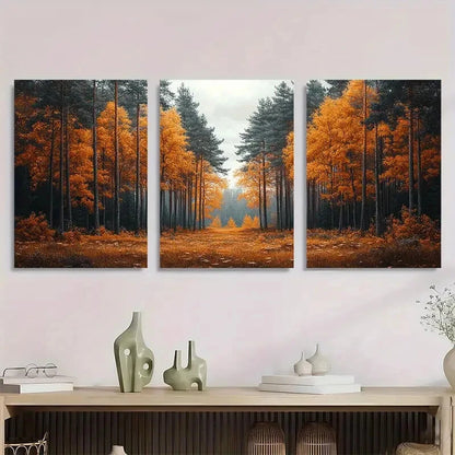 3pcs Serene Pine Tree Forest Autumn Metal Print Ready to Hang Art