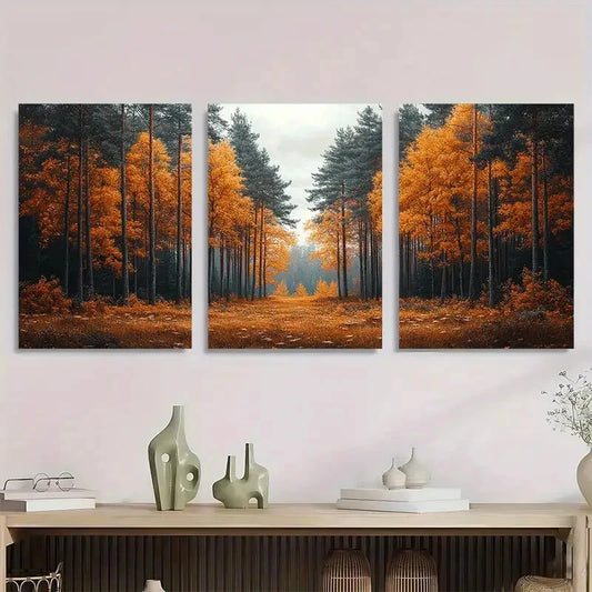 3pcs Serene Pine Tree Forest Autumn Metal Print Ready to Hang Art