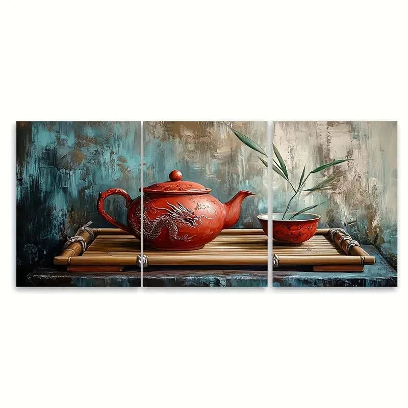 3pcs Red Tea Art Print Clay Teapot Dragon Motifs Metal Print Ready to Hang Art