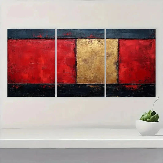 3pcs Abstract Red Beige & Golden Textured Metal Print Ready to Hang Art