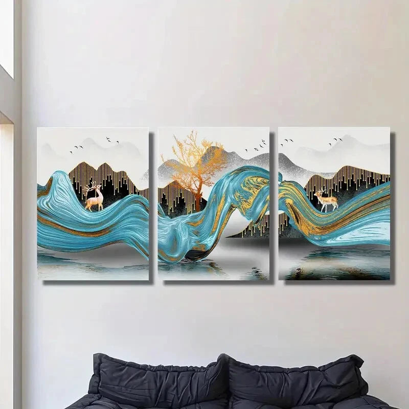 3pcs Light luxury style,Elk, birds, mountains, Metal Print Ready to Hang Art