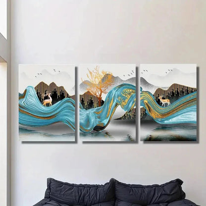 3pcs Light luxury style,Elk, birds, mountains, Metal Print Ready to Hang Art