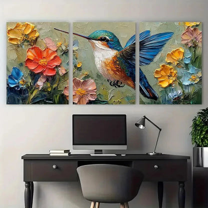3pcs Hummingbird Small Bird Textured Design Metal Print Ready to Hang Art