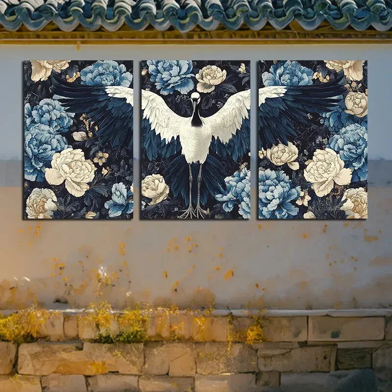 3pcs Serene Blue and White Elegant Crane & Floral Metal Print Ready to Hang Art