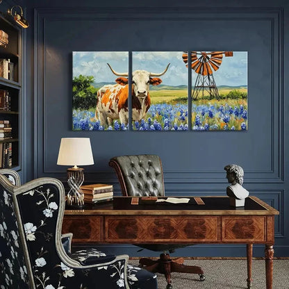 3pcs Texas Longhorn Cow Bluebonnet Flowers Metal Print Ready to Hang Art