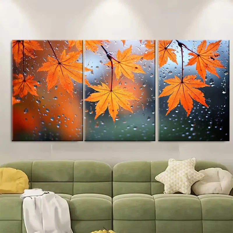 3pcs Autumn Rainfall Orange Maple Leaves Metal Print Ready to Hang Art