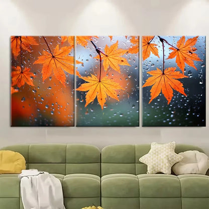 3pcs Autumn Rainfall Orange Maple Leaves Metal Print Ready to Hang Art