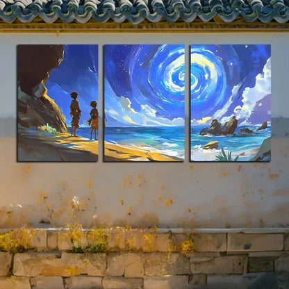 3pcs Vibrant Beautiful Starry Sky and Sea Surface Metal Print Ready to Hang Art
