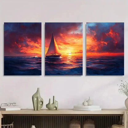3pcs Sunset Sail Boat Painting Metal Print Ready to Hang Art